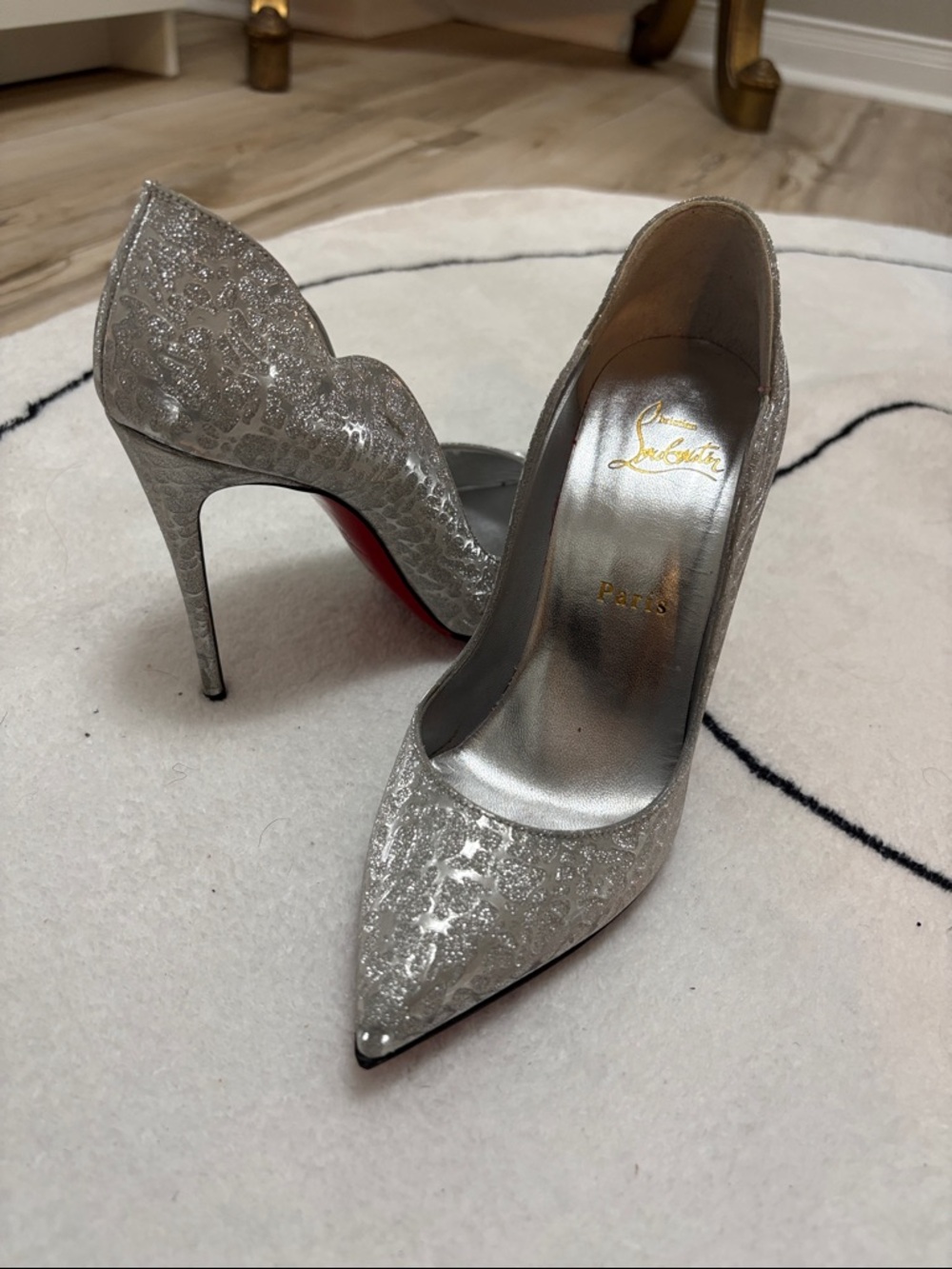 Christian Louboutin Silver Glitter Scalloped Pointed-Toe Stilettos